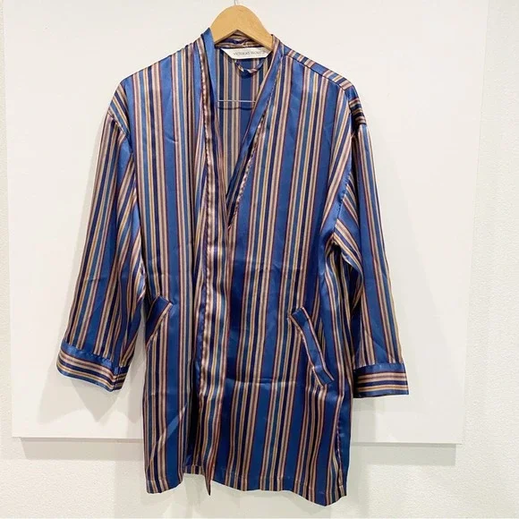 Victoria’s Secret Blue Gold Striped Button Front Silky Lingerie Top - Picture 1 of 6